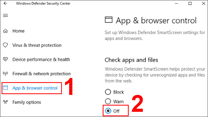 Chọn OFF để tắt Smartscreen